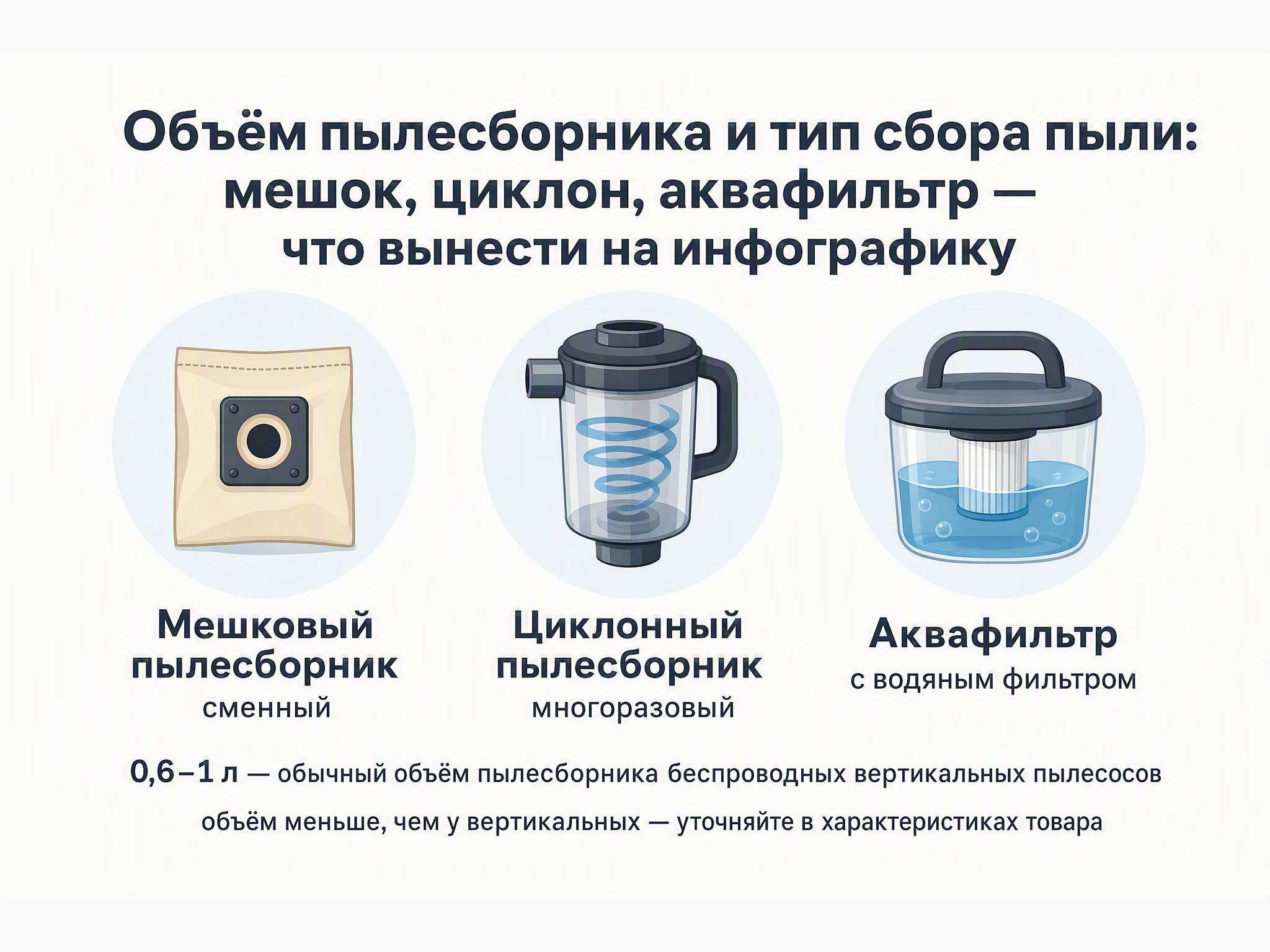 Типы пылесборника пылесоса — мешковый, циклонный, аквафильтр — и их объём