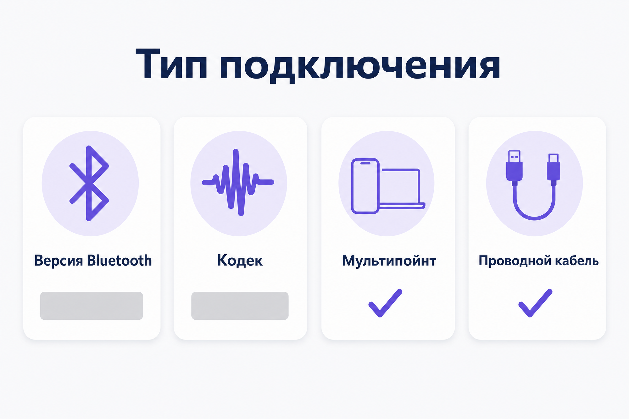 Инфографика: тип подключения — версия Bluetooth, кодек, мультипойнт, проводной кабель