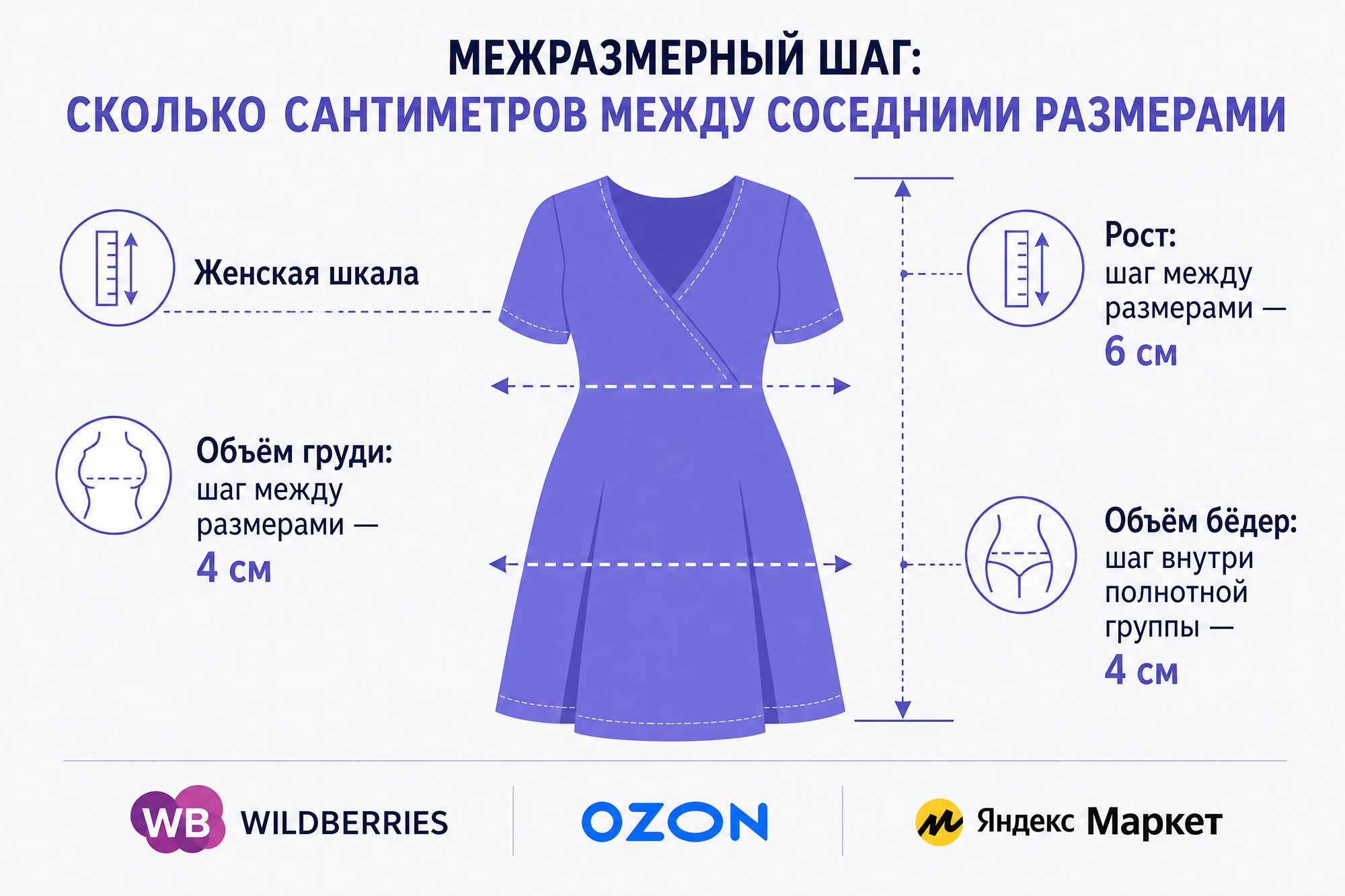 Инфографика: межразмерный шаг женской одежды больших размеров — 6 см по росту, 4 см по объёму груди между размерами, 4 см по объёму бёдер внутри полнотной группы
