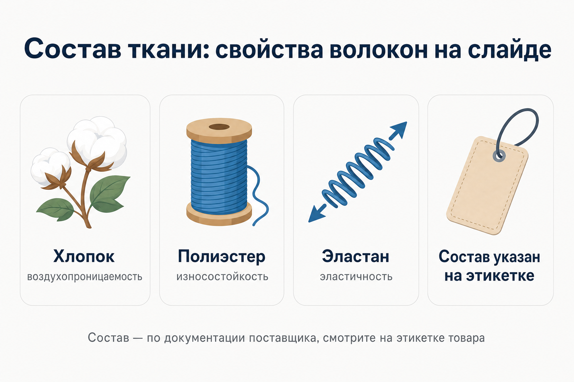 Слайд состава ткани: пиктограммы хлопка, полиэстера и эластана с их свойствами