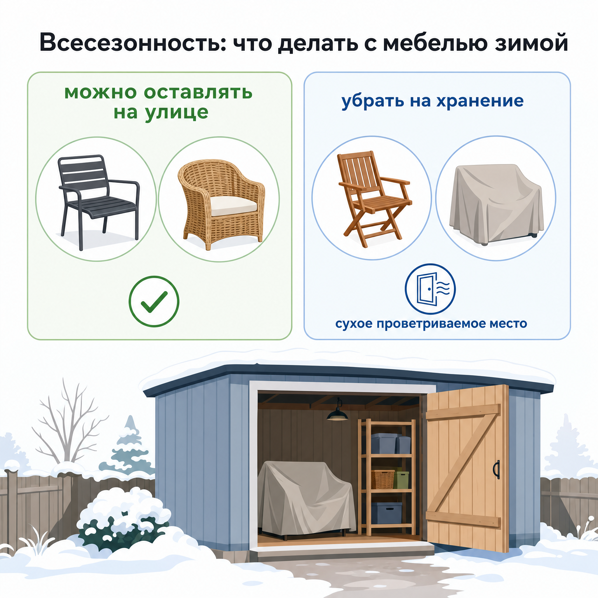 Инфографика: какую садовую мебель можно оставлять на улице зимой, а какую убрать на хранение