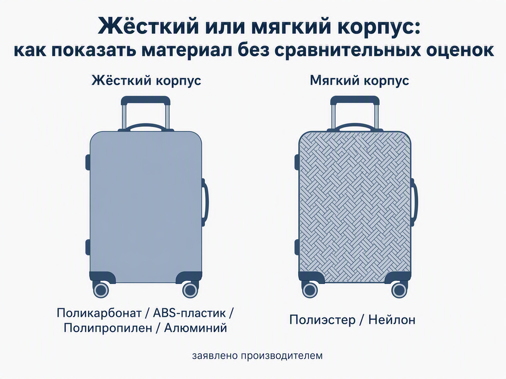 Два силуэта чемодана: гладкий жёсткий корпус слева и текстурный мягкий корпус справа с подписями материалов