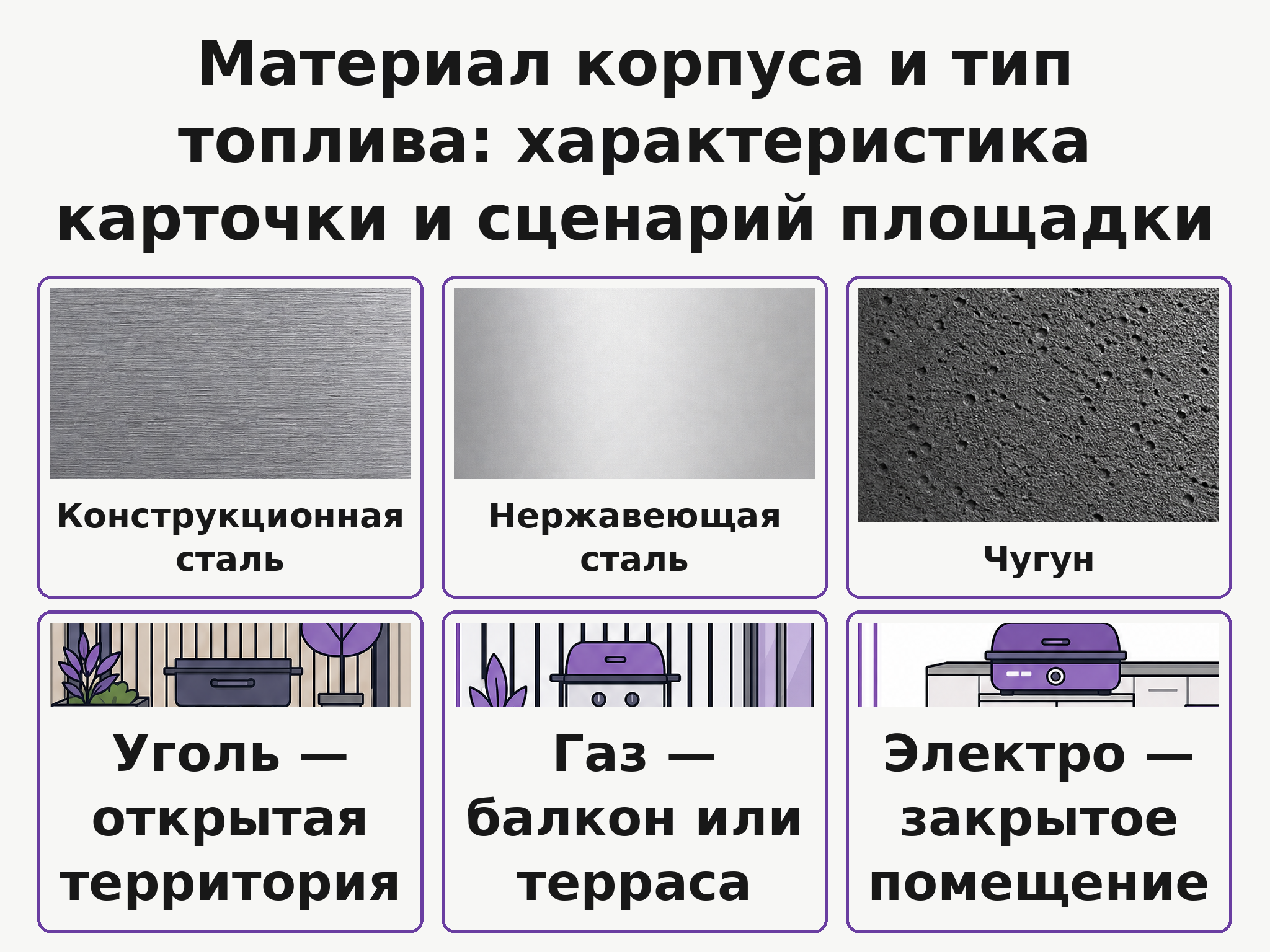Слева три образца металла сверху — конструкционная сталь, нержавеющая сталь и чугун; справа три пиктограммы топлива — уголь, газ и электро со сценарием использования