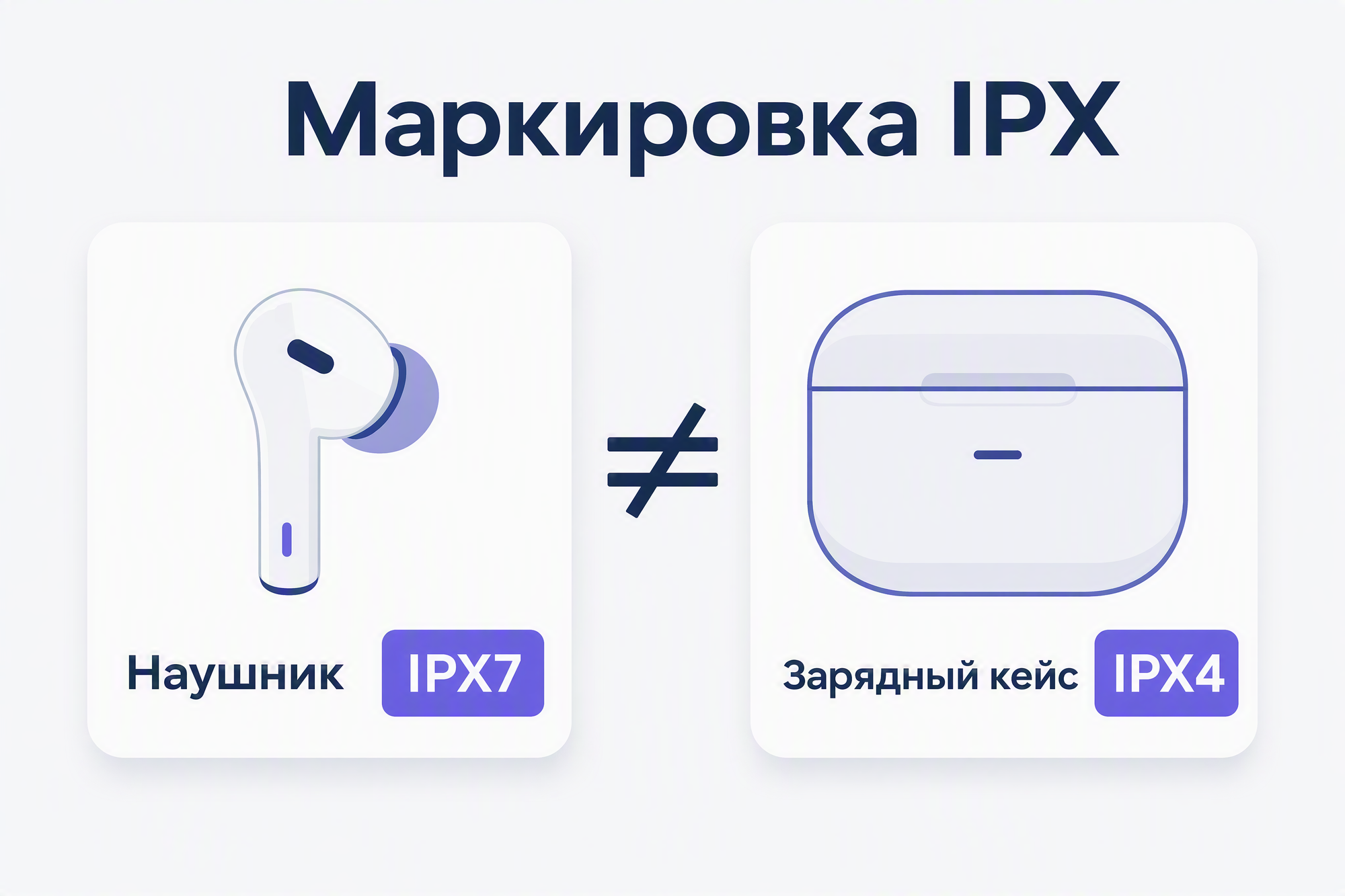 Инфографика: маркировка IPX наушника и отдельная маркировка зарядного кейса