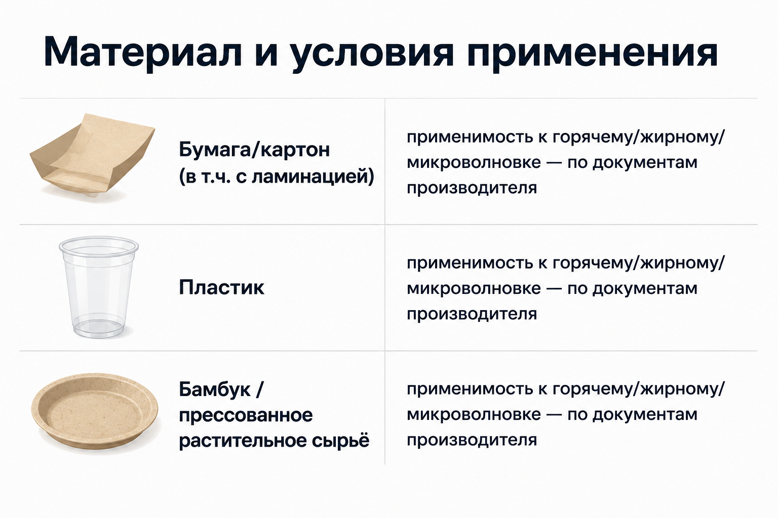 Материалы одноразовой посуды и условия применения, заданные производителем