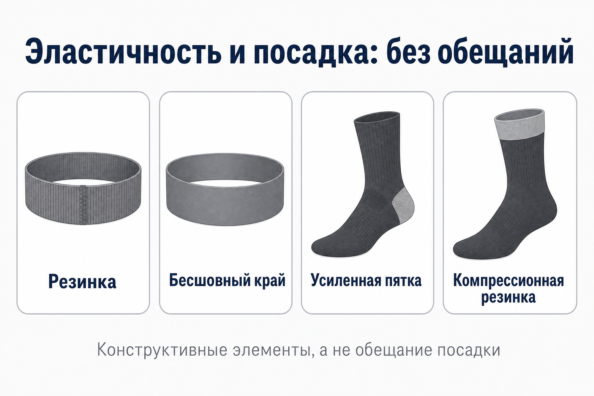 Слайд конструктивных элементов: типы пояса, усиленная пятка и компрессионная резинка носка