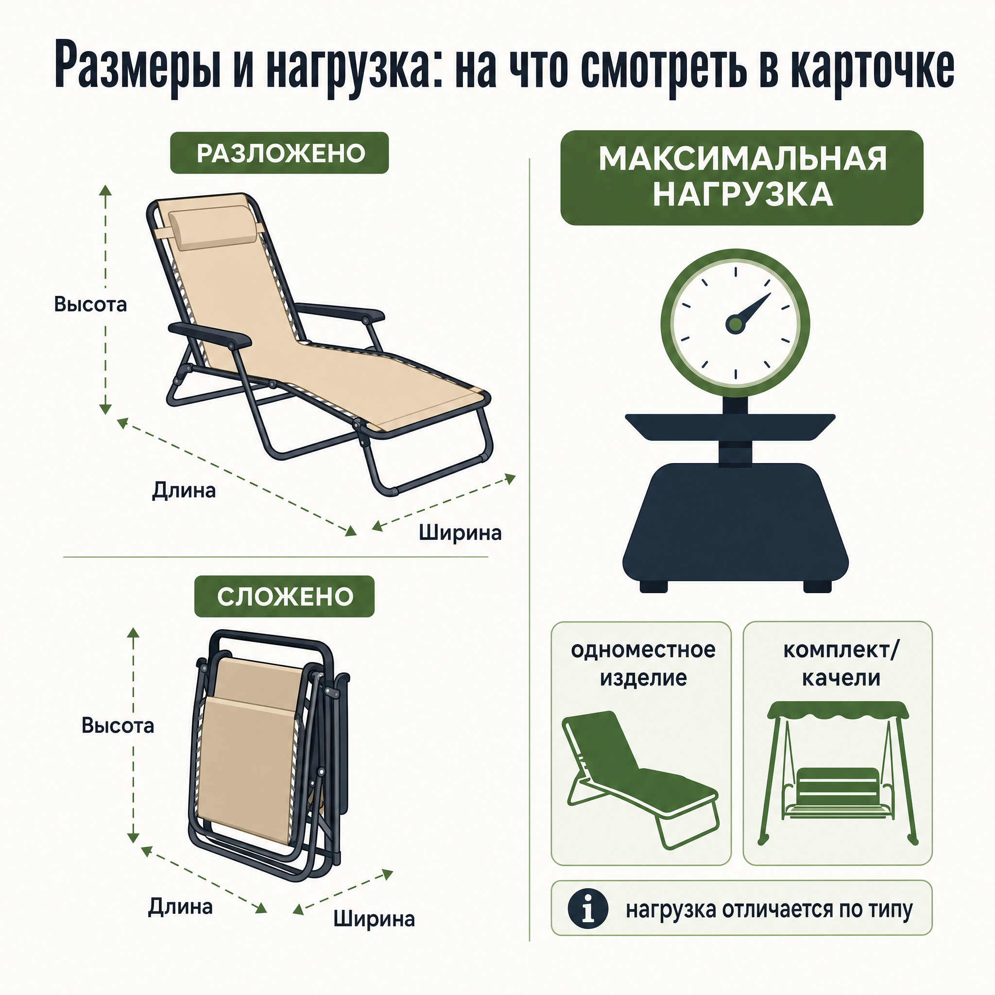Инфографика: разложенное и сложенное положение садовой мебели и разница нагрузки одноместного изделия и комплекта