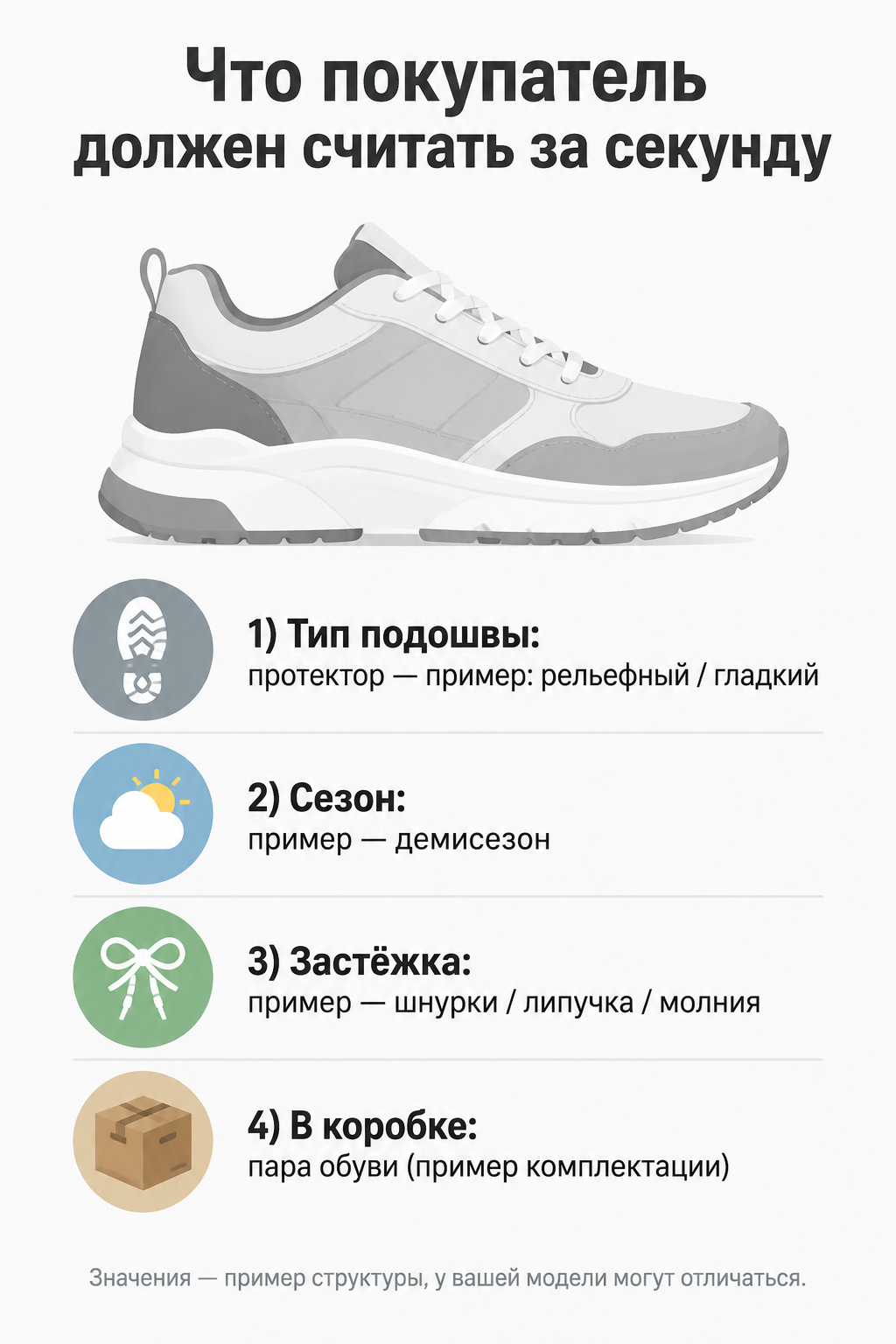 Инфографика подошвы, сезона и застёжки обуви для карточки товара