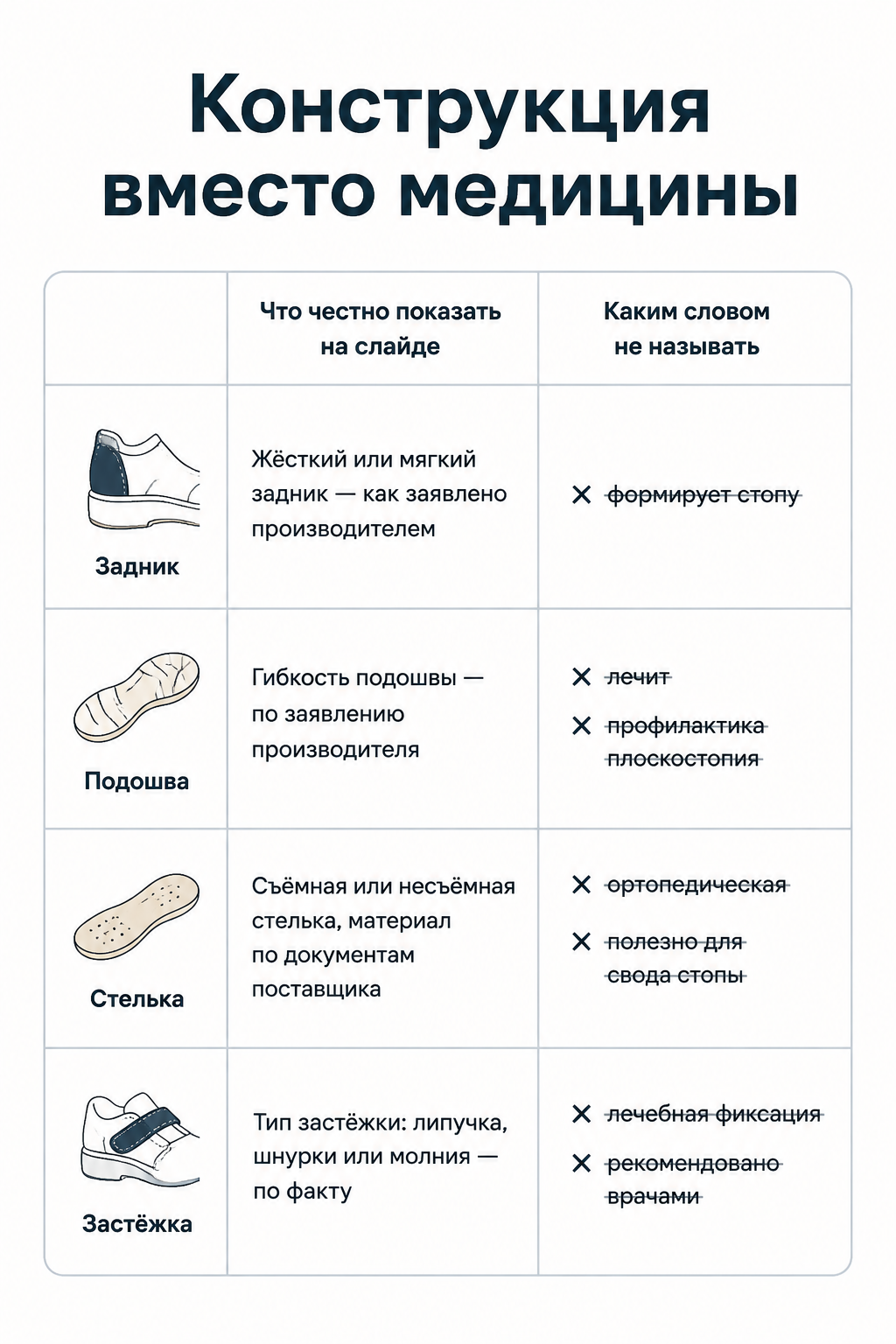 Конструкция детской обуви на слайде: задник, подошва, стелька, застёжка без медицинских заявлений
