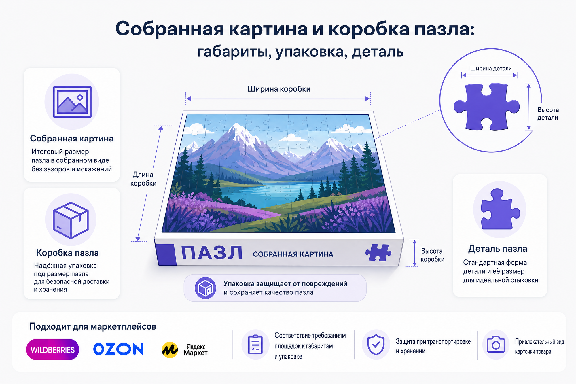Собранная картина и коробка пазла с мерными стрелками размеров и увеличенным фрагментом одной детали