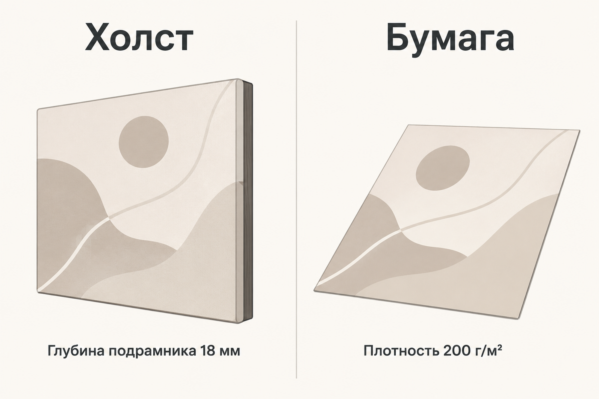 Два блока основы: холст с кромкой, загнутой на торец подрамника, и бумага с плоским срезом листа