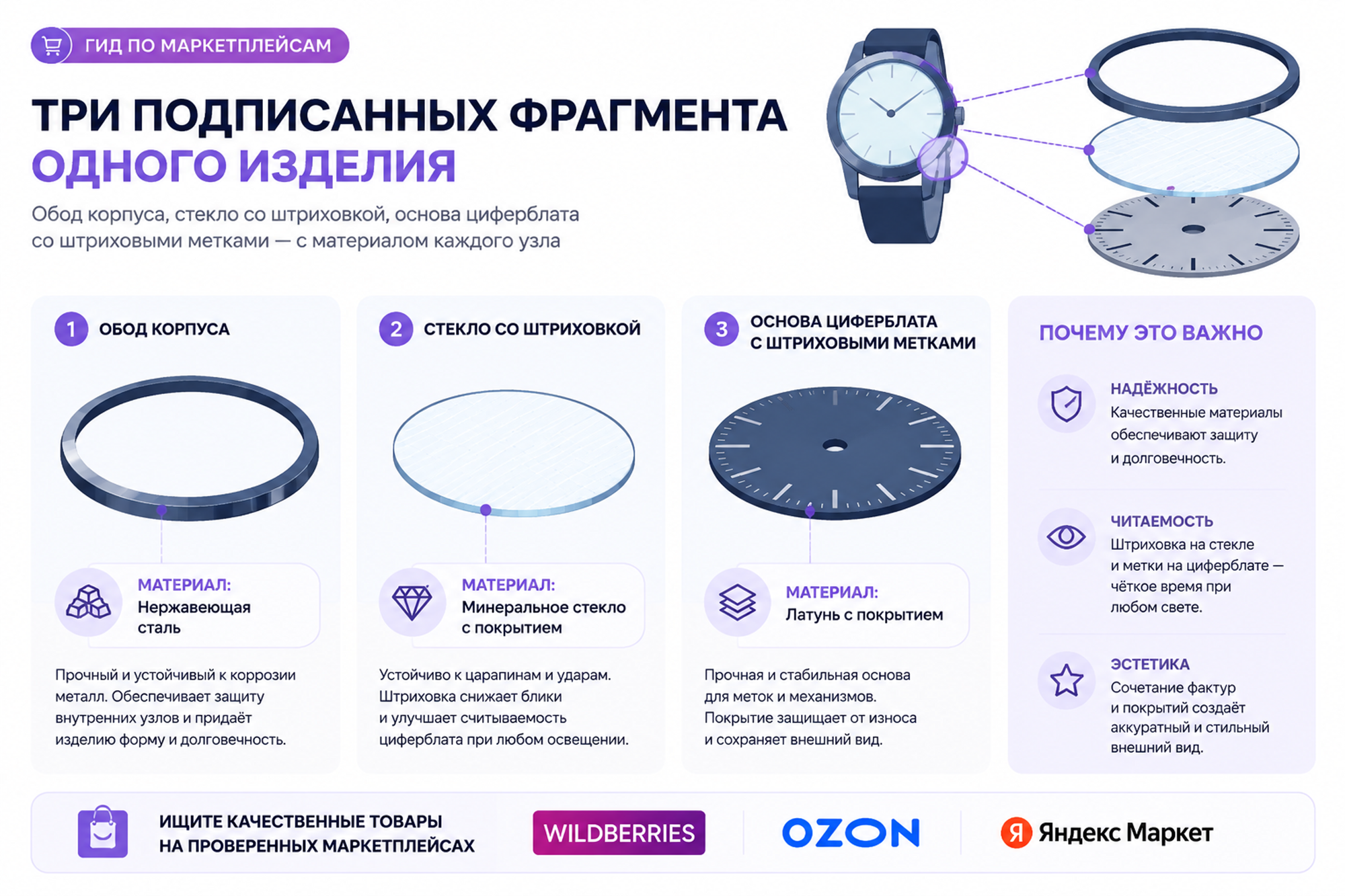 Три подписанных фрагмента одного изделия — обод корпуса, стекло со штриховкой, основа циферблата со штриховыми метками — с материалом каждого узла