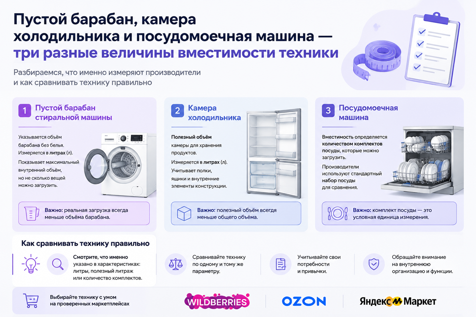 Пустой барабан стиральной машины, камера холодильника и посудомоечная машина — три разные величины вместимости техники