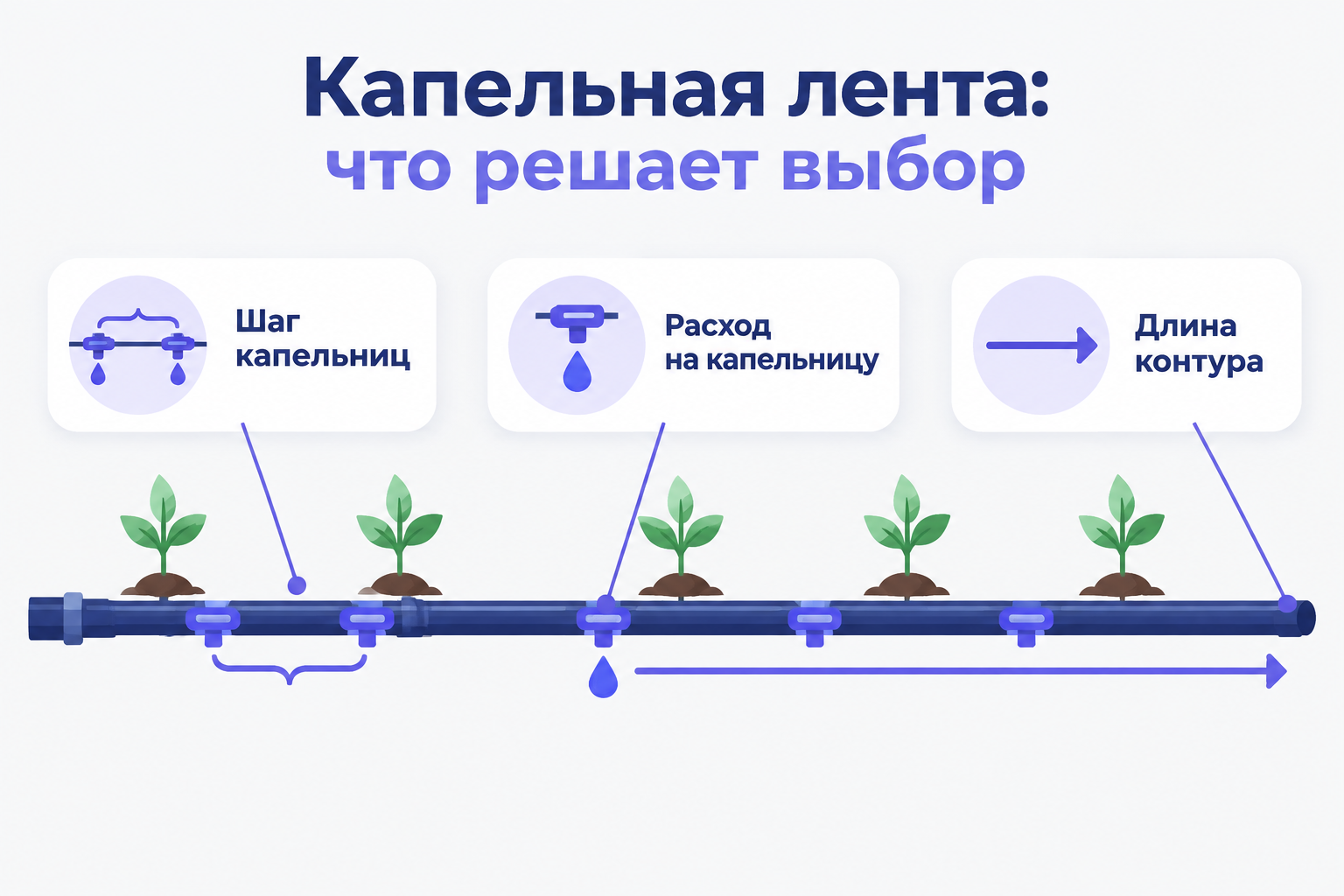 Инфографика «Капельная лента: что решает выбор»: отрезок ленты с капельницами и тремя подписями «Шаг капельниц», «Расход на капельницу», «Длина контура».