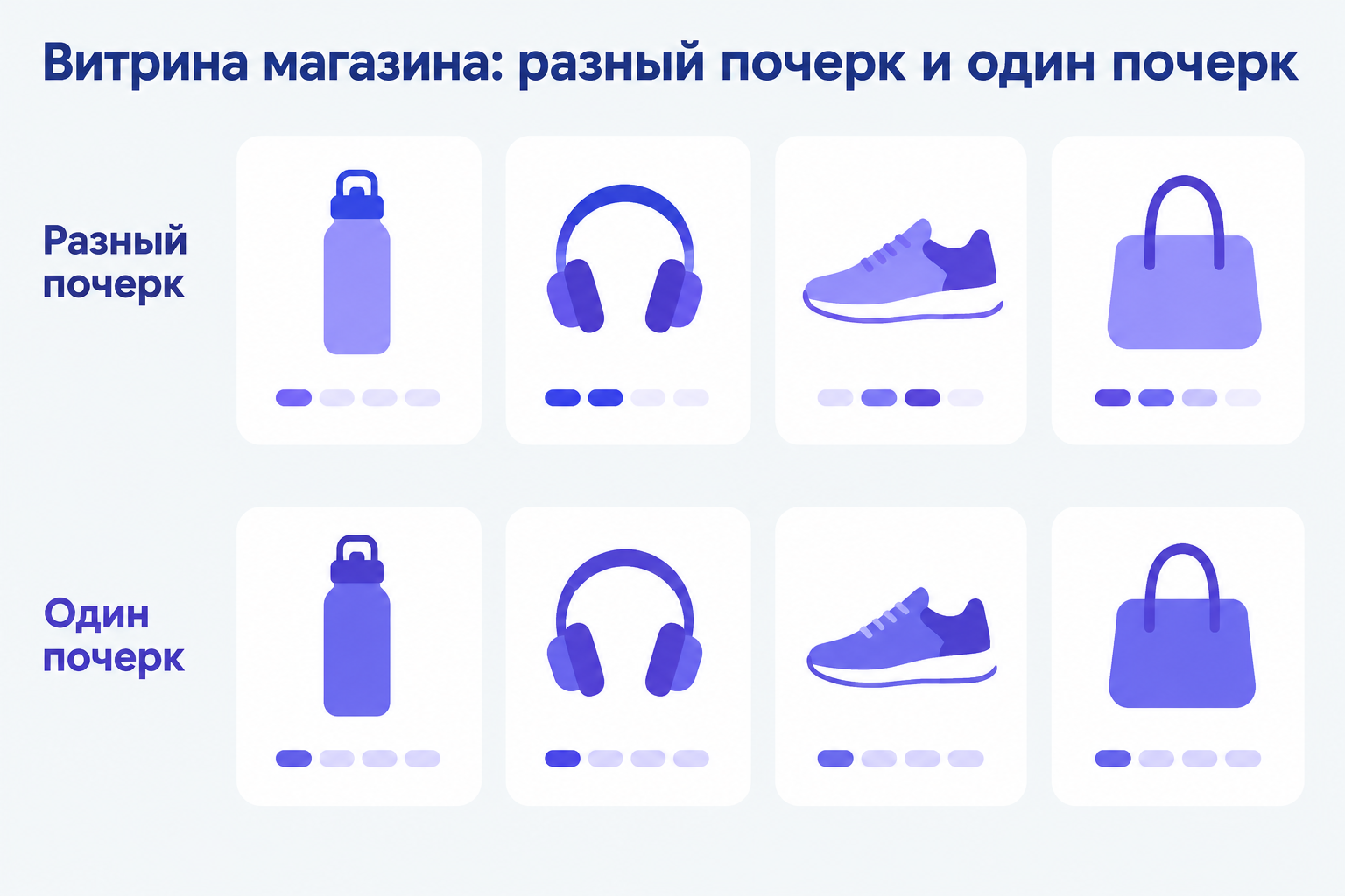 Инфографика «Витрина магазина: разный почерк и один почерк»: два ряда карточек товара — вверху у каждой свой оттенок и свой ритм слайдов, внизу все в одном стиле.