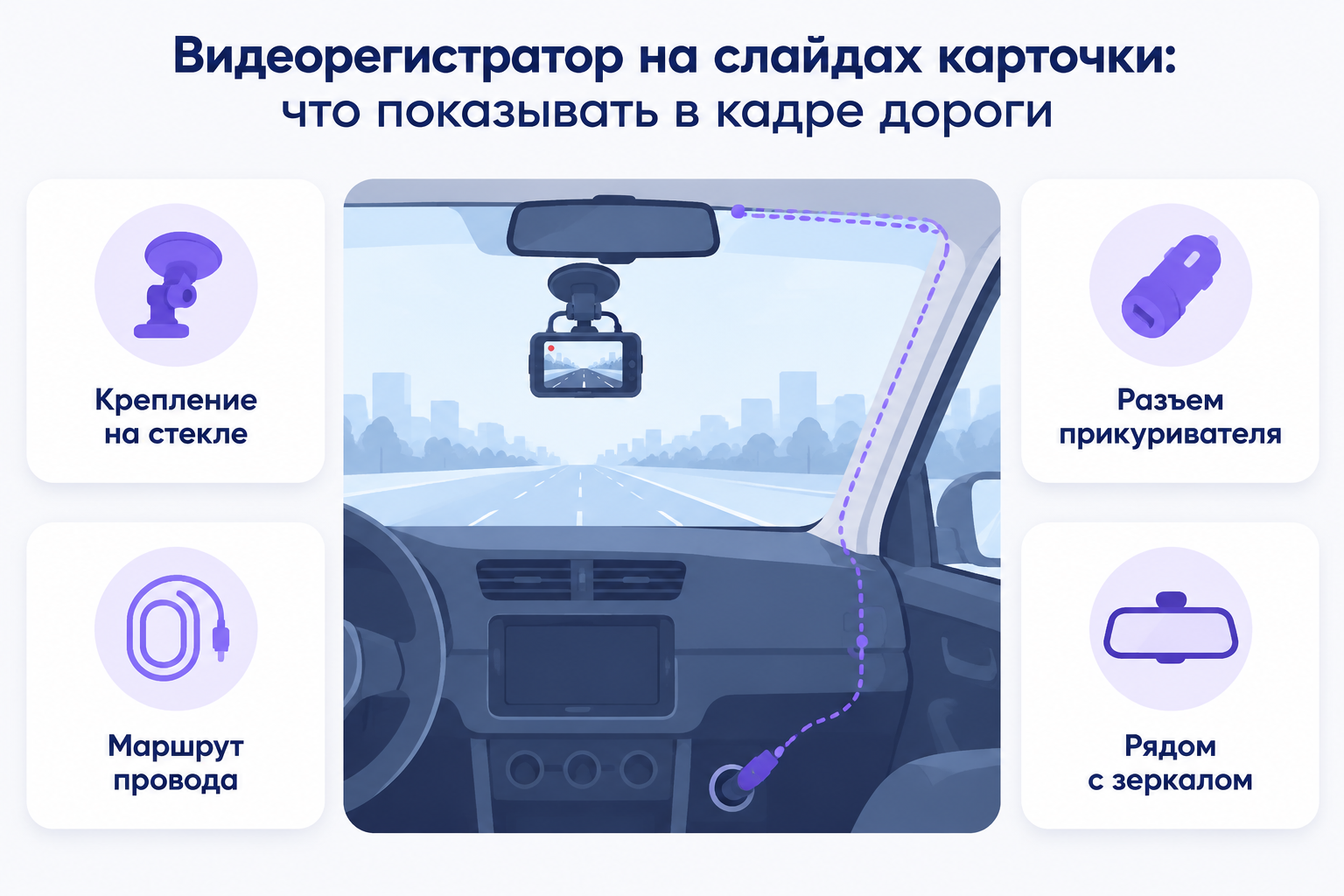 Инфографика «Видеорегистратор на слайдах карточки»: крепление на стекле, маршрут провода, разъём прикуривателя, положение рядом с зеркалом — четыре карточки с подписями на русском.