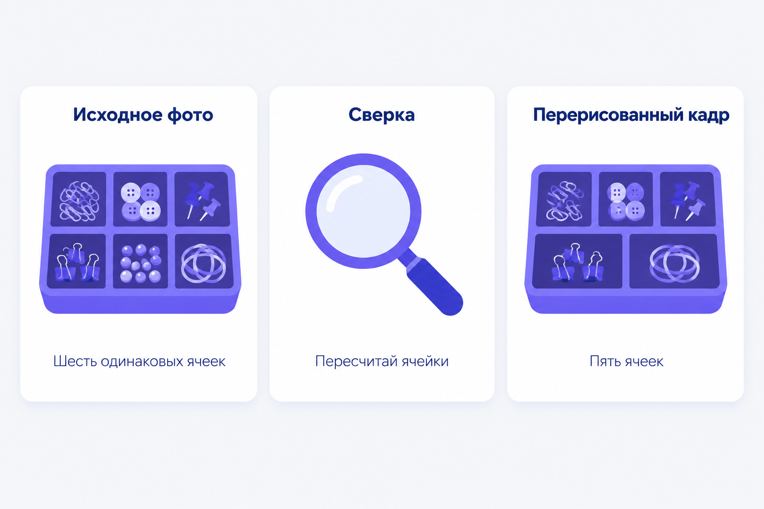 Инфографика сравнивает органайзер с ячейками: на исходном фото шесть одинаковых ячеек, на перерисованном кадре генератора — пять ячеек, в центре подпись «Пересчитай ячейки».