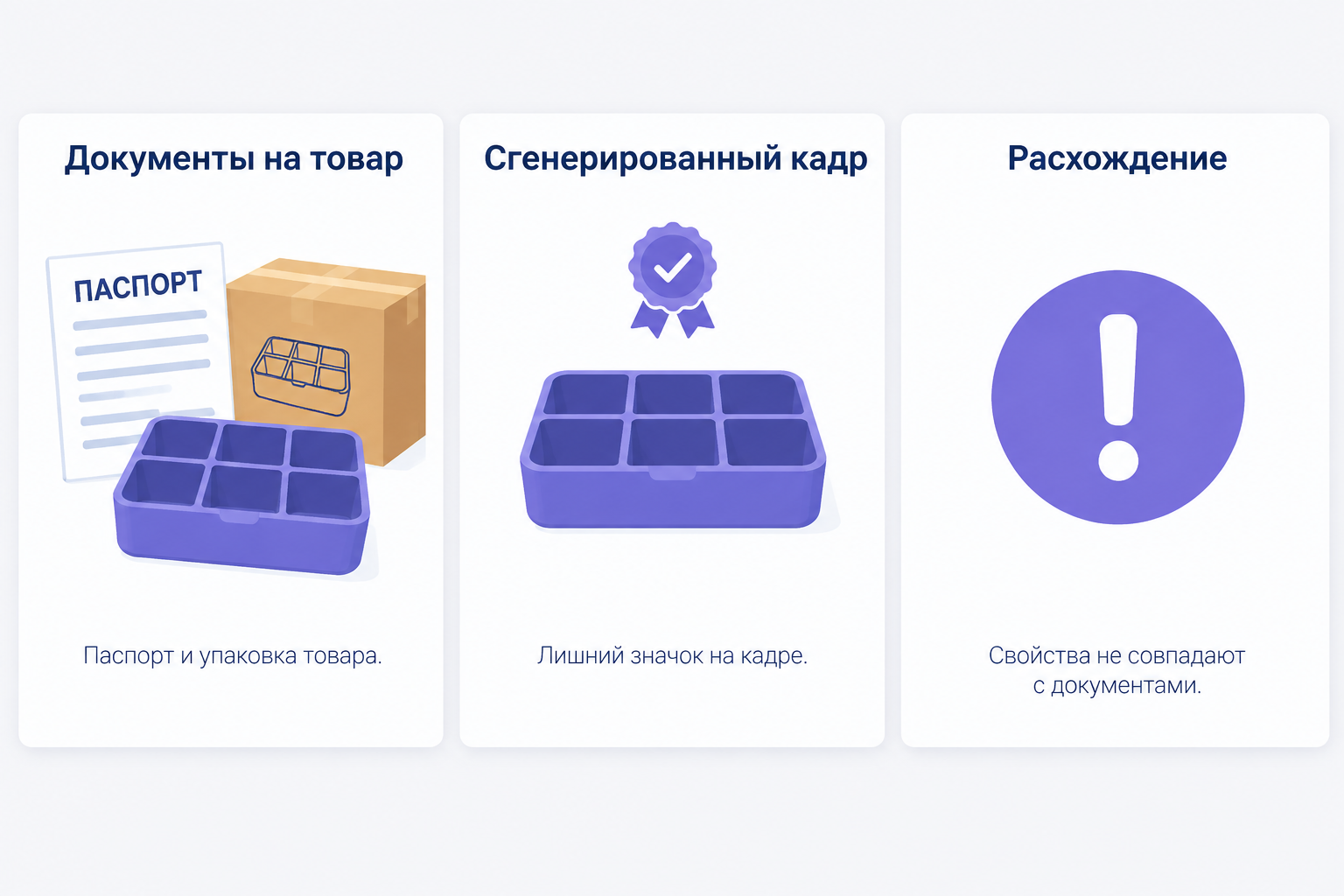 Инфографика сравнивает органайзер с ячейками с документами на товар: на сгенерированном кадре появился лишний значок сертификации, которого нет в документах, подпись «Свойства не совпадают с документами».
