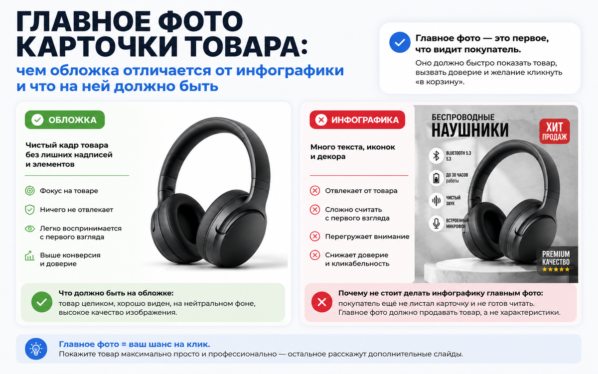Главное фото карточки товара: чем обложка отличается от инфографики и что на ней должно быть