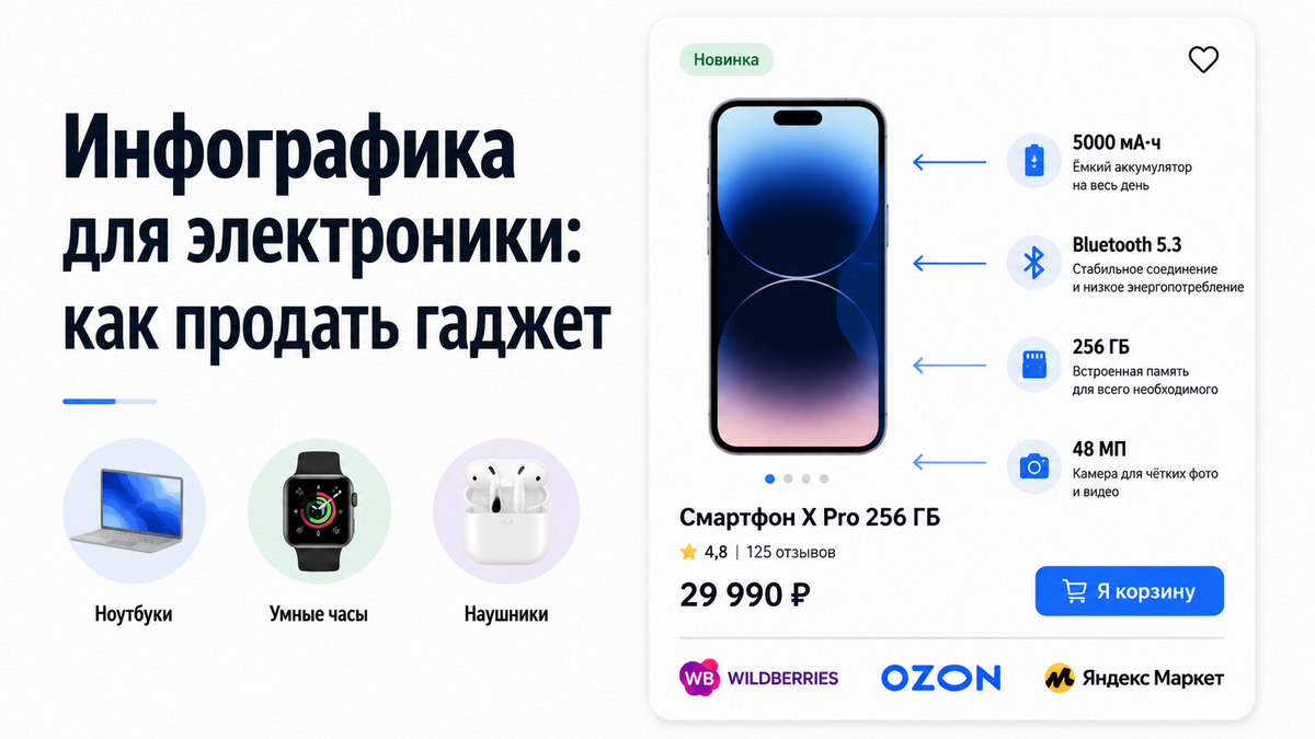 Инфографика для электроники на маркетплейсах: карточка товара с характеристиками, логотипы WB, Ozon, Яндекс Маркет