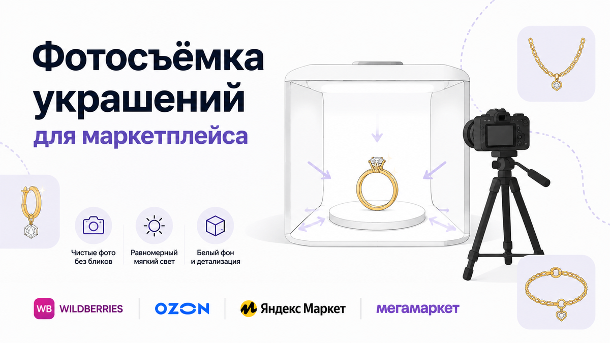 Схема фотосъёмки ювелирных украшений для маркетплейса с лайтбоксом и камерой