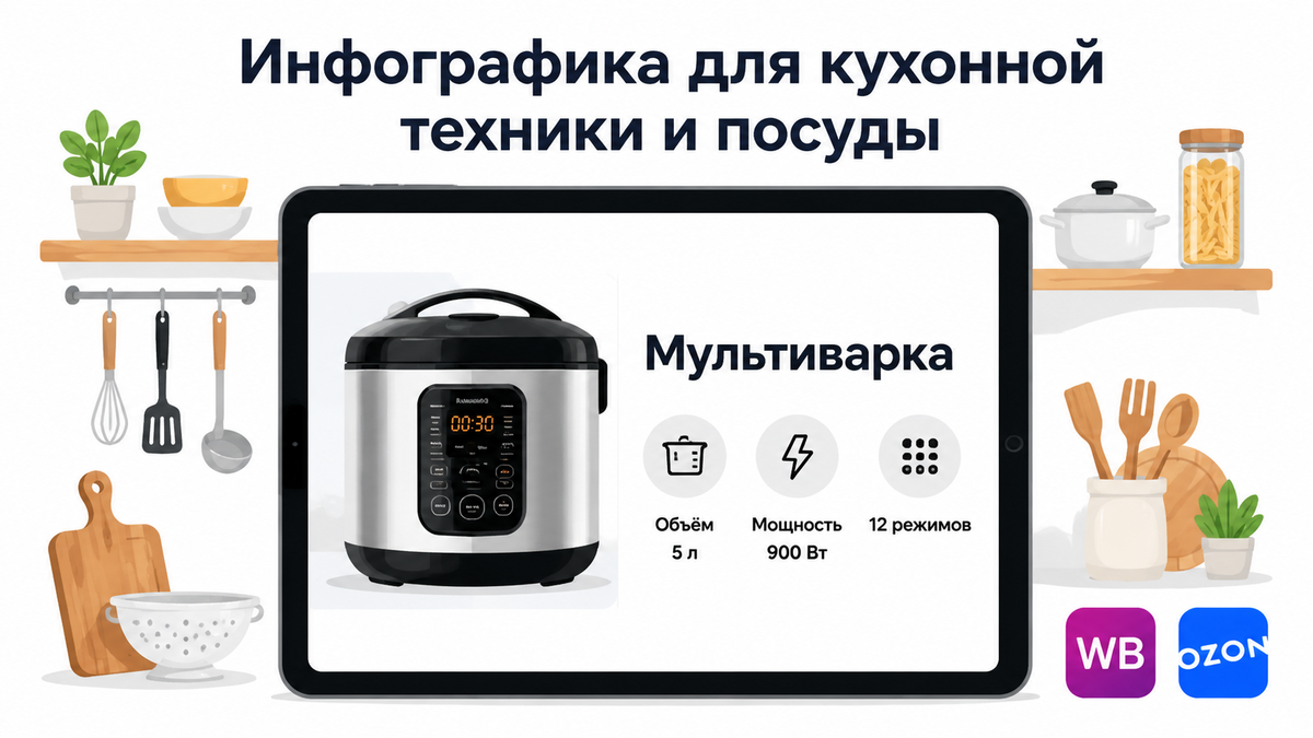 Инфографика для кухонной техники и посуды на маркетплейсе — чек-лист слайдов для карточки