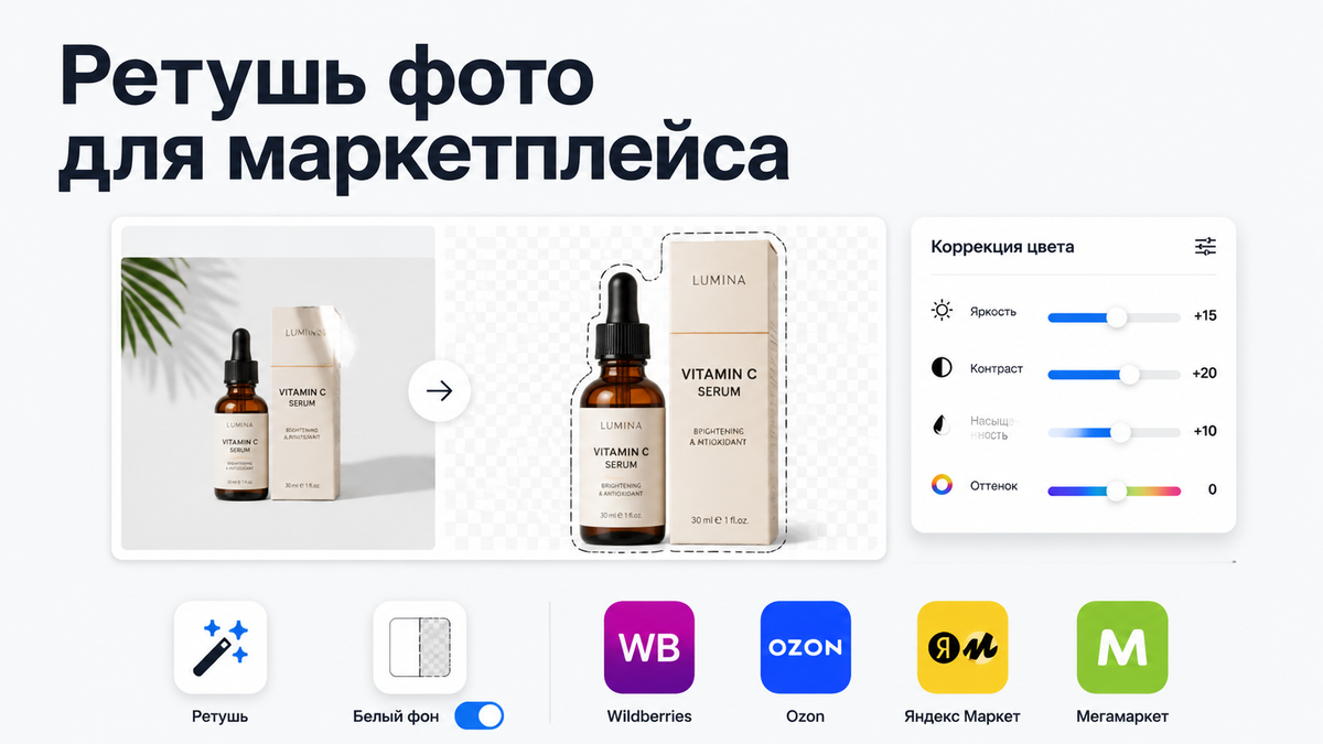 Иллюстрация процесса ретуши и постобработки фото товара для маркетплейсов: удаление фона, цветокоррекция, требования WB, Ozon, ЯМ, ММ
