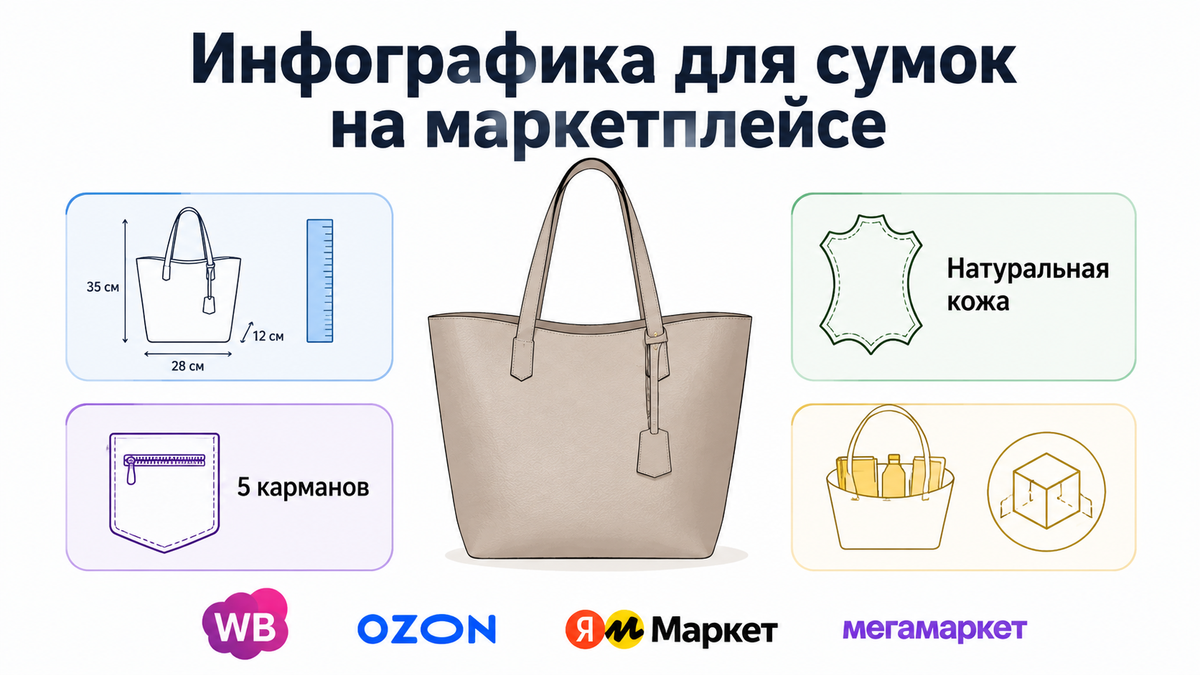 Инфографика для карточки сумки на маркетплейсе — слайды с размерами, материалом и вместимостью