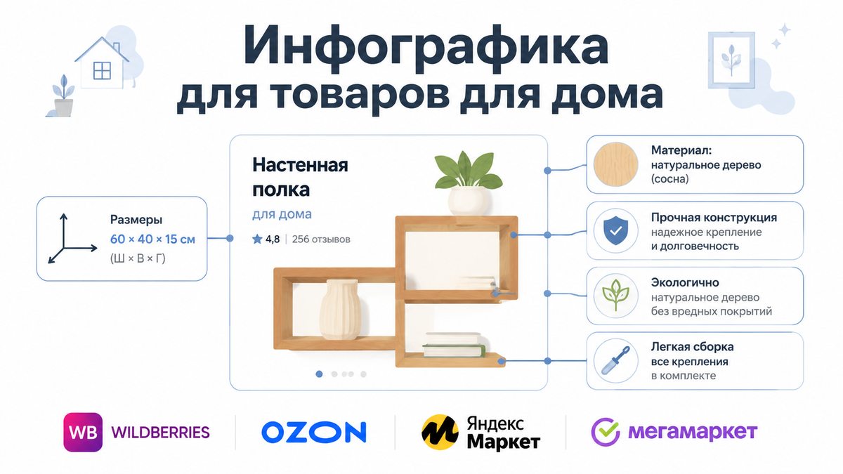 Инфографика для карточек товаров для дома на маркетплейсах — макет слайда с подписями размеров и характеристик