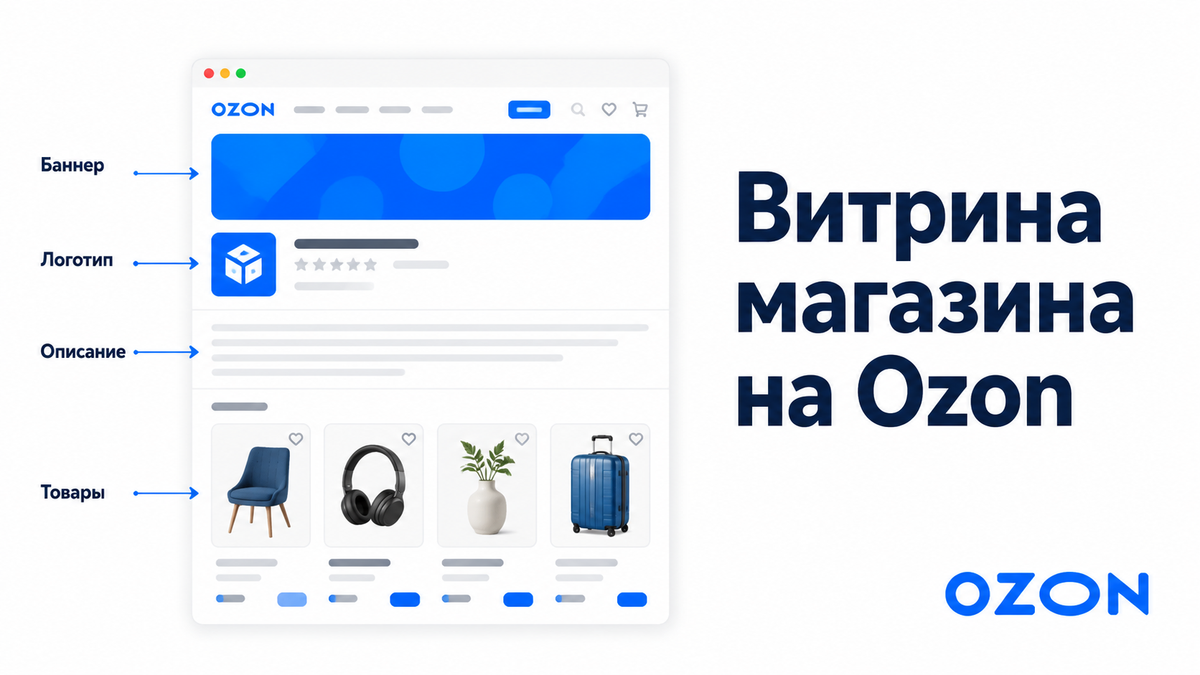 Схема оформления витрины магазина на Ozon с выносками на баннер, логотип, описание и товары