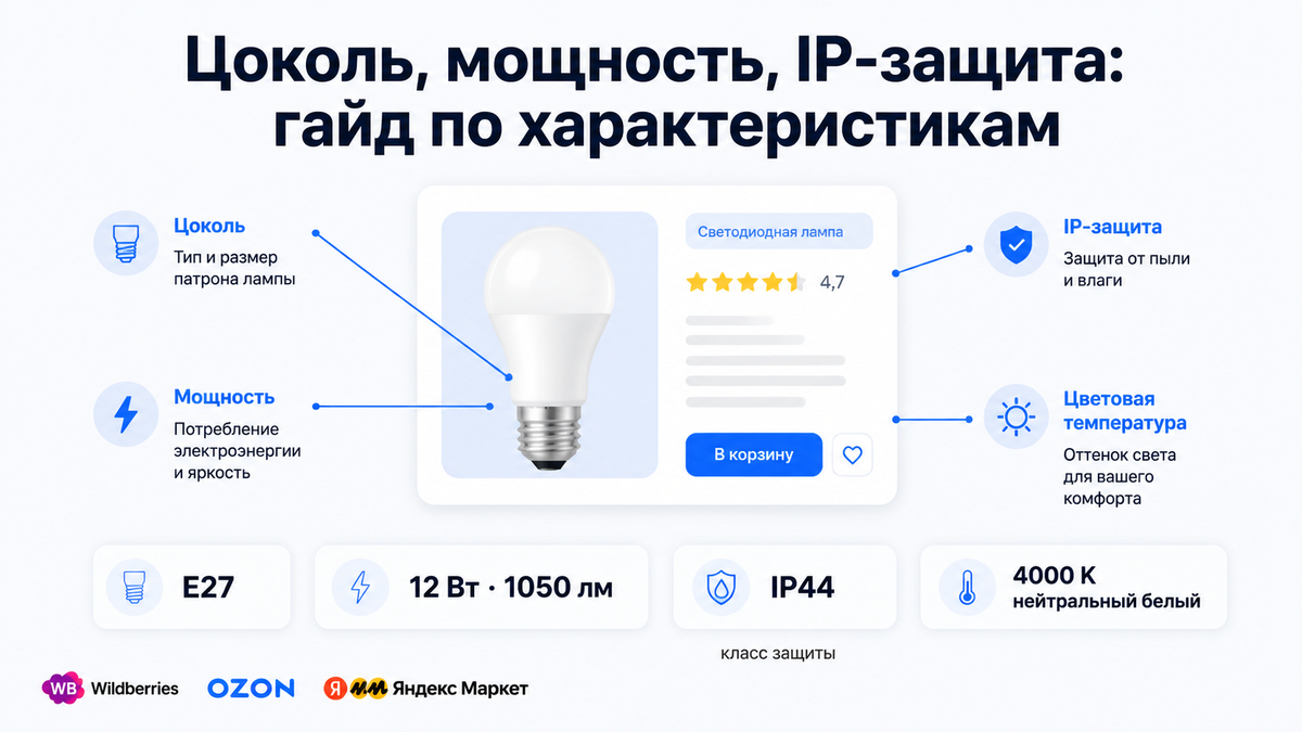 Обложка статьи: характеристики карточки товара — цоколь, мощность, IP-защита, цветовая температура ламп