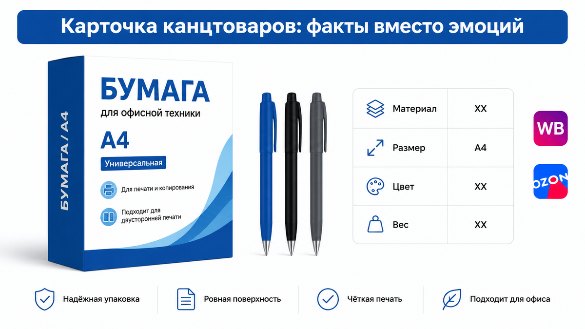 Инфографика карточки товара для категории канцтоваров с акцентом на функциональность
