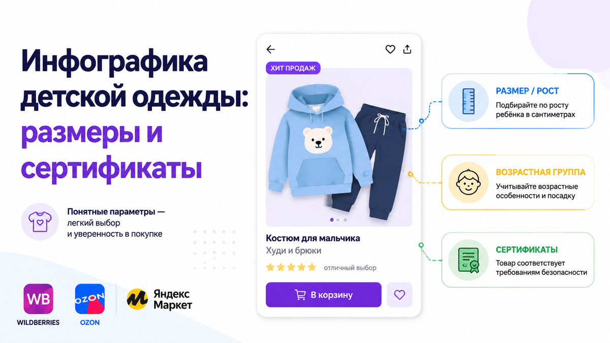 Обложка статьи об инфографике для карточки детской одежды на маркетплейсе
