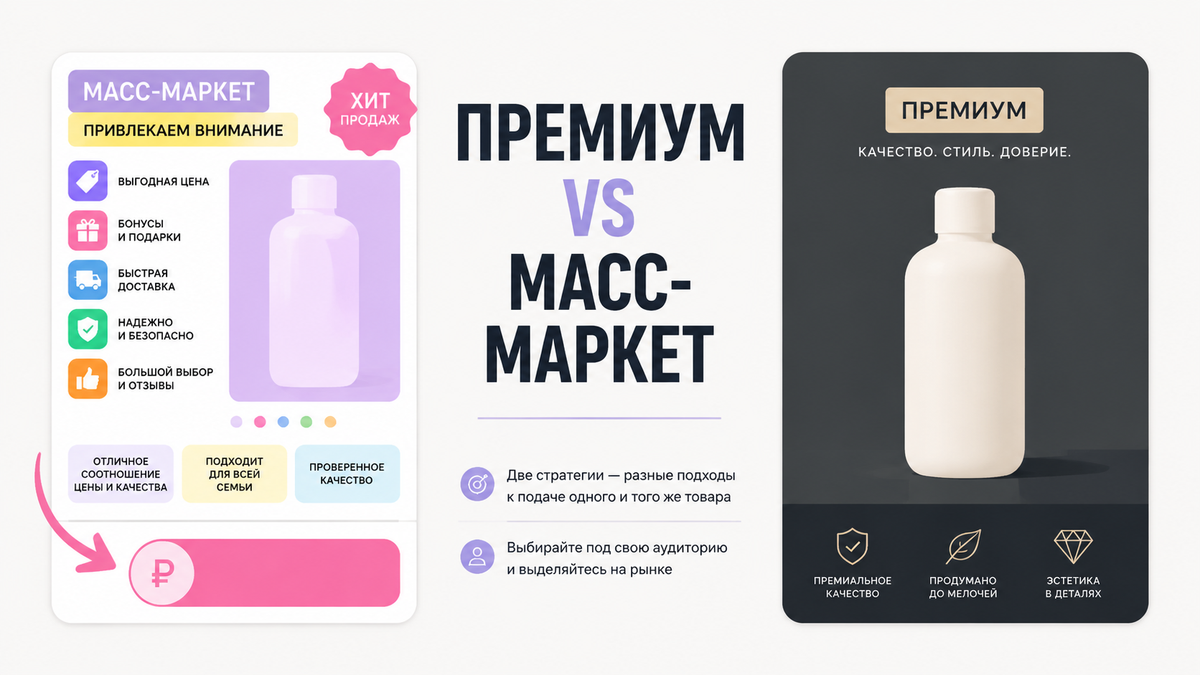 Сравнение стиля карточки товара масс-маркет и премиум-сегмента