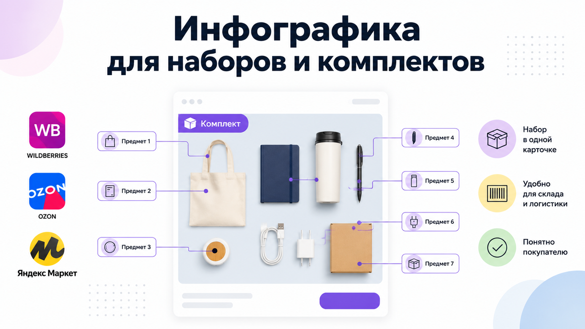 Инфографика для карточек комплектов и наборов на маркетплейсах: раскладка состава набора