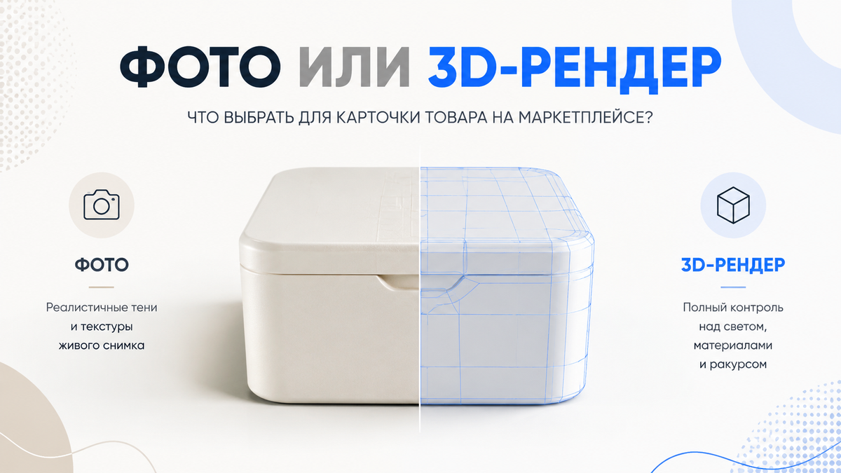 Сравнение фотосъёмки и 3D-рендера товара для карточки маркетплейса: слева фотографический стиль, справа каркасный 3D-рендер.