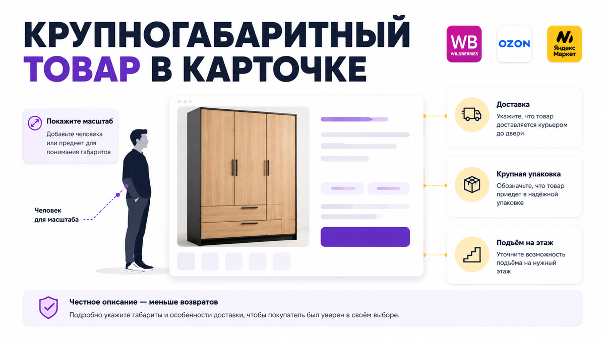 Инфографика: крупногабаритный товар в карточке маркетплейса — масштаб, доставка, подъём на этаж