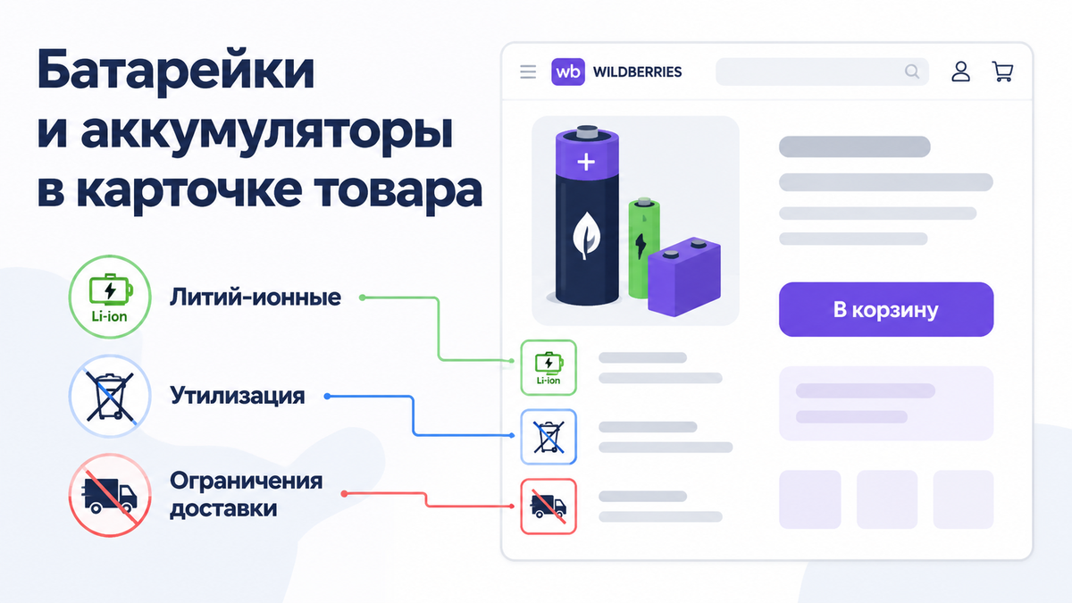 Инфографика: маркировка Li-ion и требования безопасности в карточке товара с батарейками