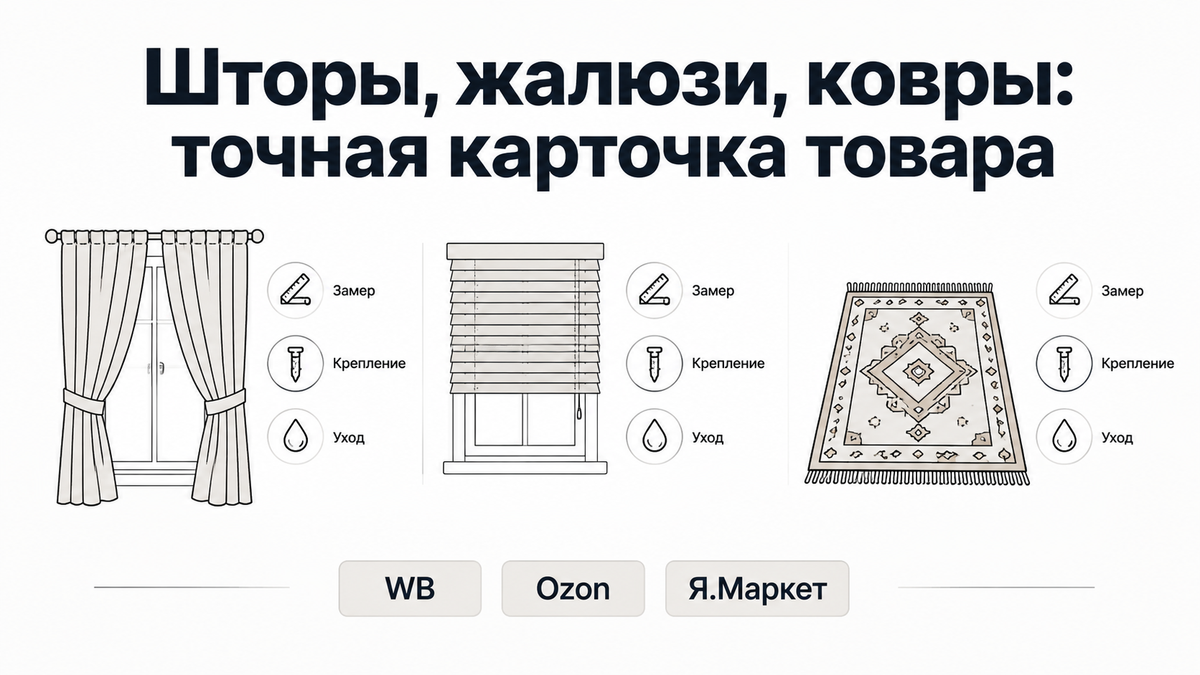 Инфографика-обложка: шторы, жалюзи и ковёр с иконками замера, крепления и ухода для карточки товара