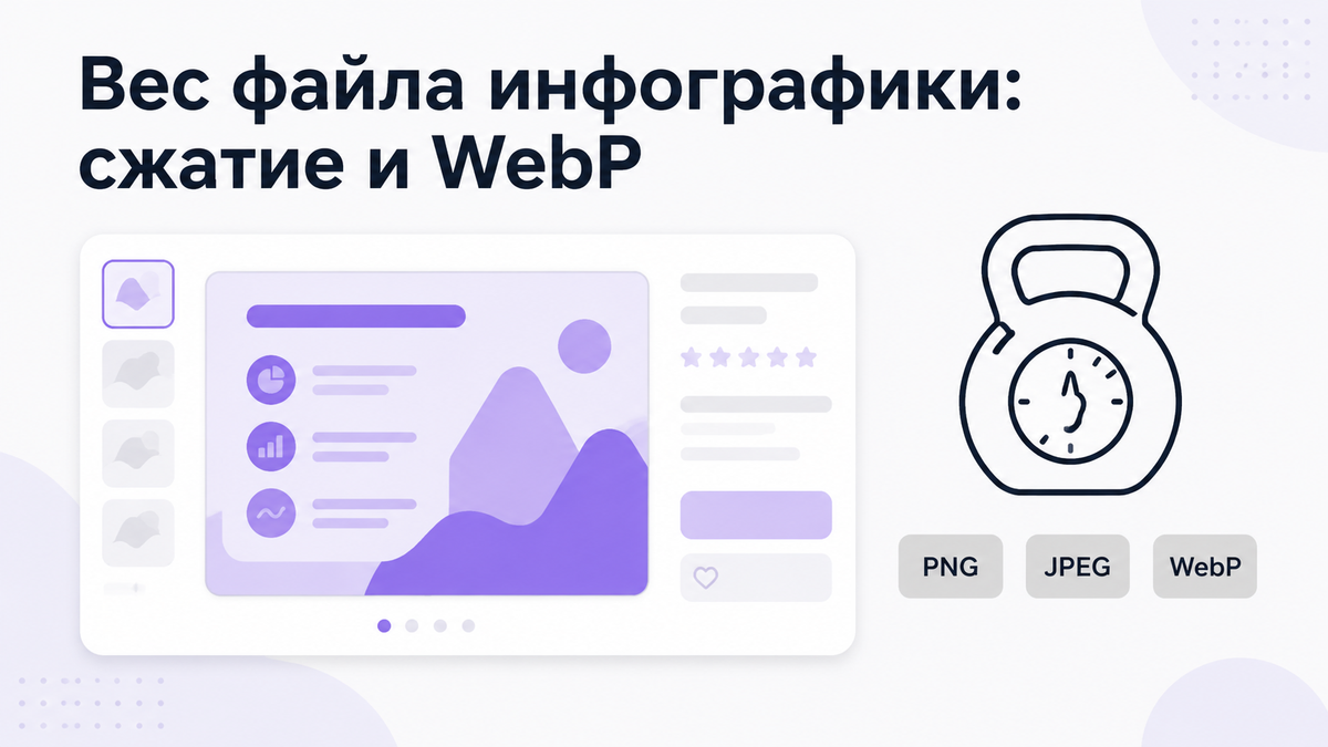 Инфографика карточки товара маркетплейса с обозначением форматов PNG, JPEG и WebP и индикатором веса файла