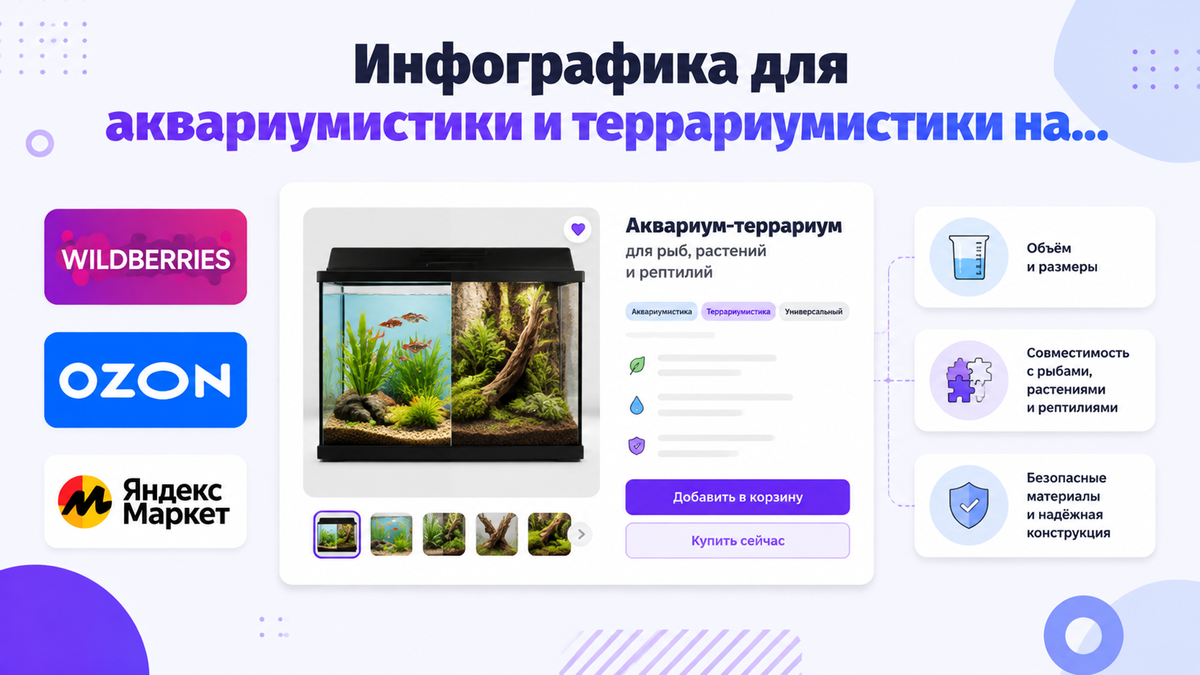 Аквариум и террариум с фильтром и обогревателем на карточке товара — инфографика для аквариума на маркетплейсе