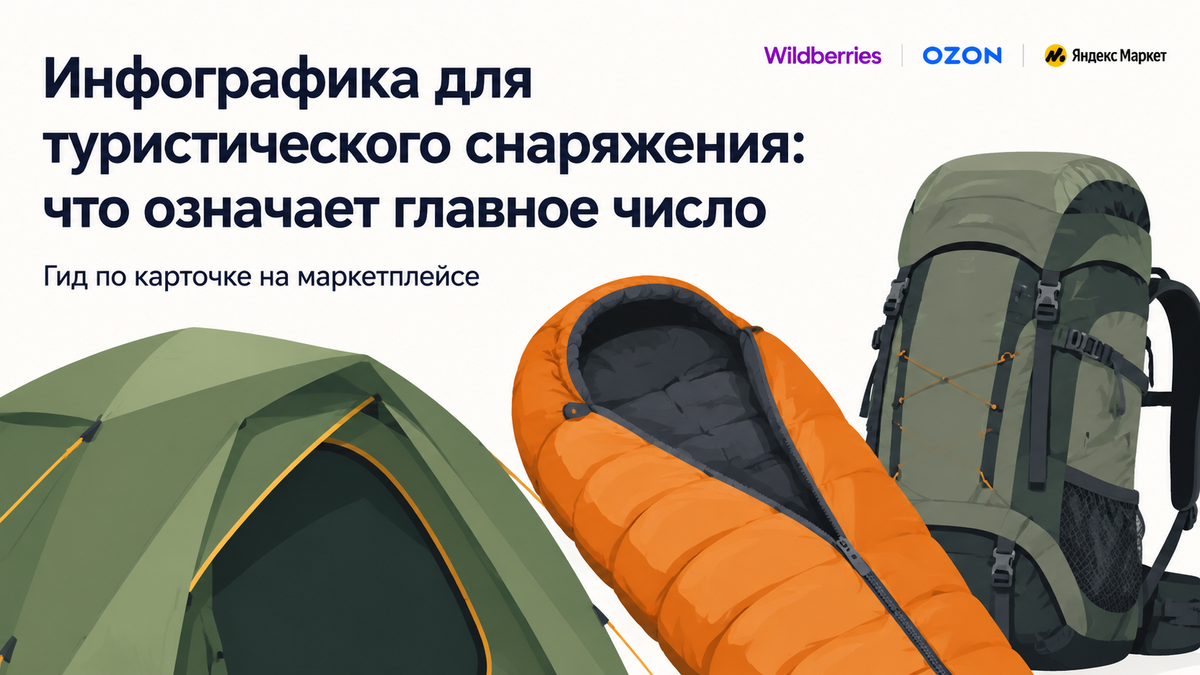 Инфографика для туристического снаряжения на маркетплейсах — палатка, спальный мешок и рюкзак