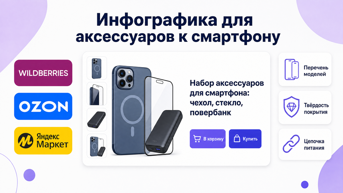 Обложка статьи с заголовком, карточкой товара (чехол, стекло, повербанк) и логотипами площадок
