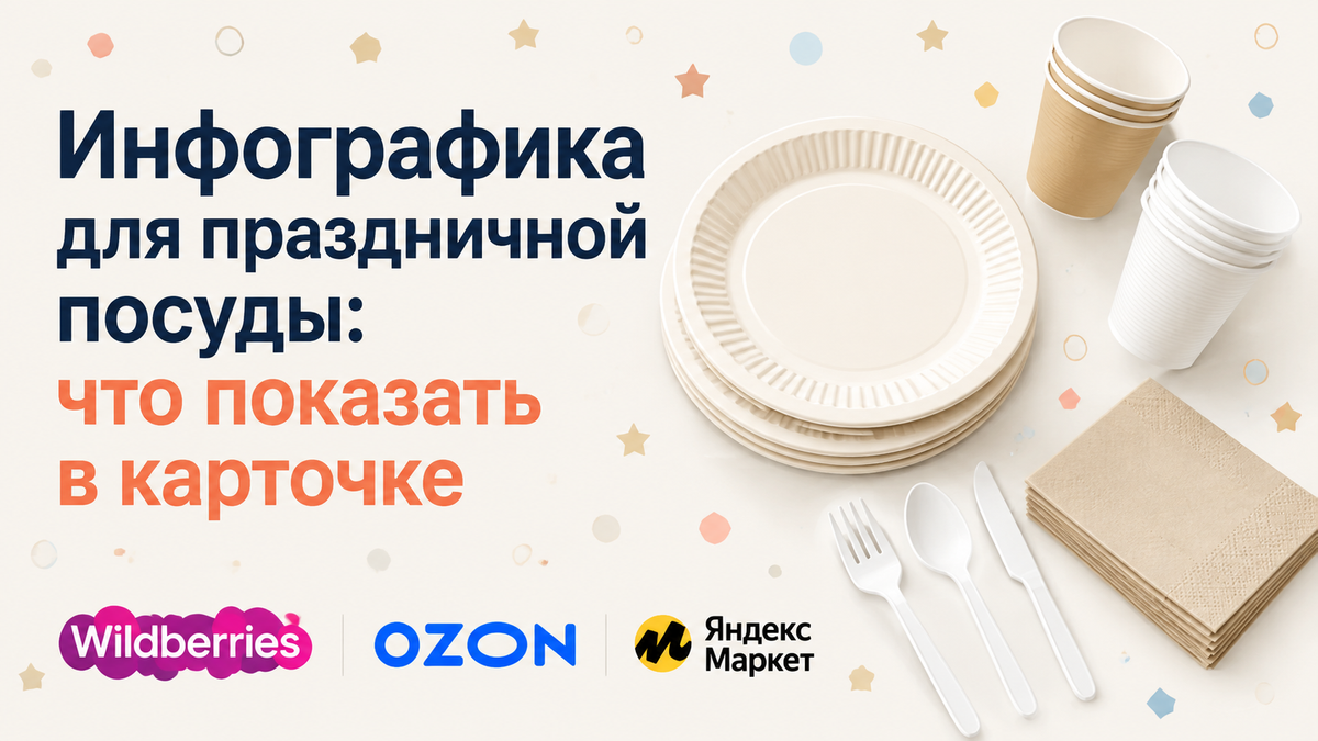 Инфографика для карточки одноразовой посуды и праздничного декора на маркетплейсе