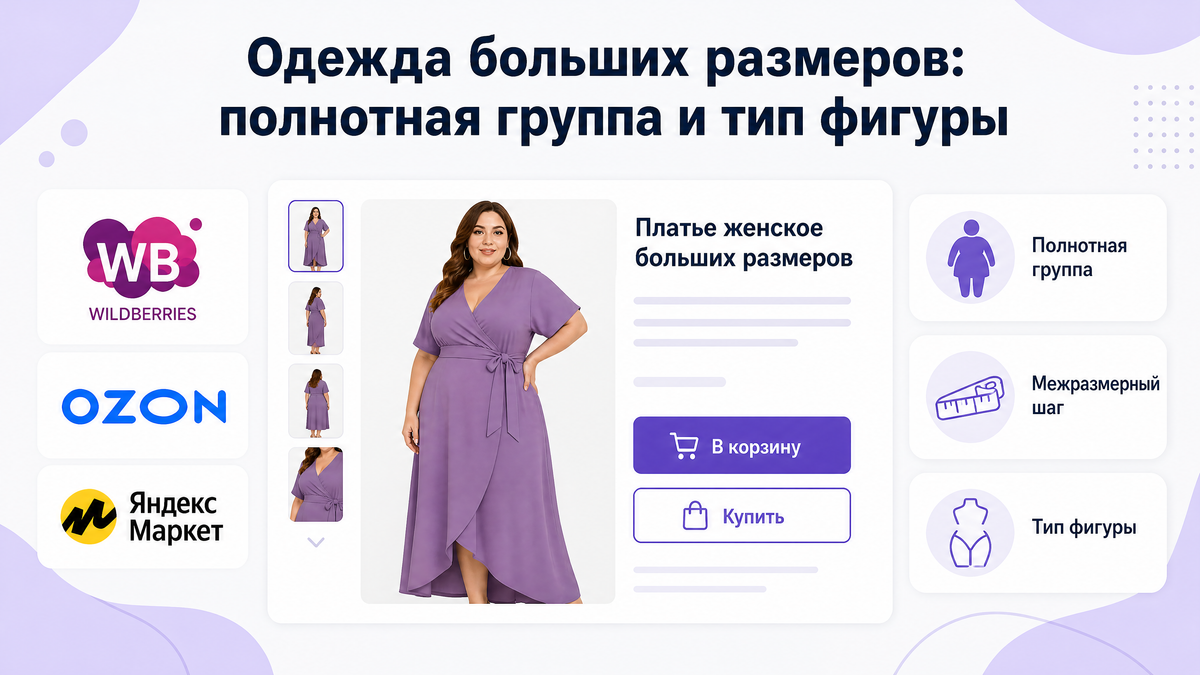 Обложка: заголовок «Одежда больших размеров: полнотная группа и тип фигуры», карточка товара с платьем, логотипы Wildberries, Ozon, Яндекс Маркет