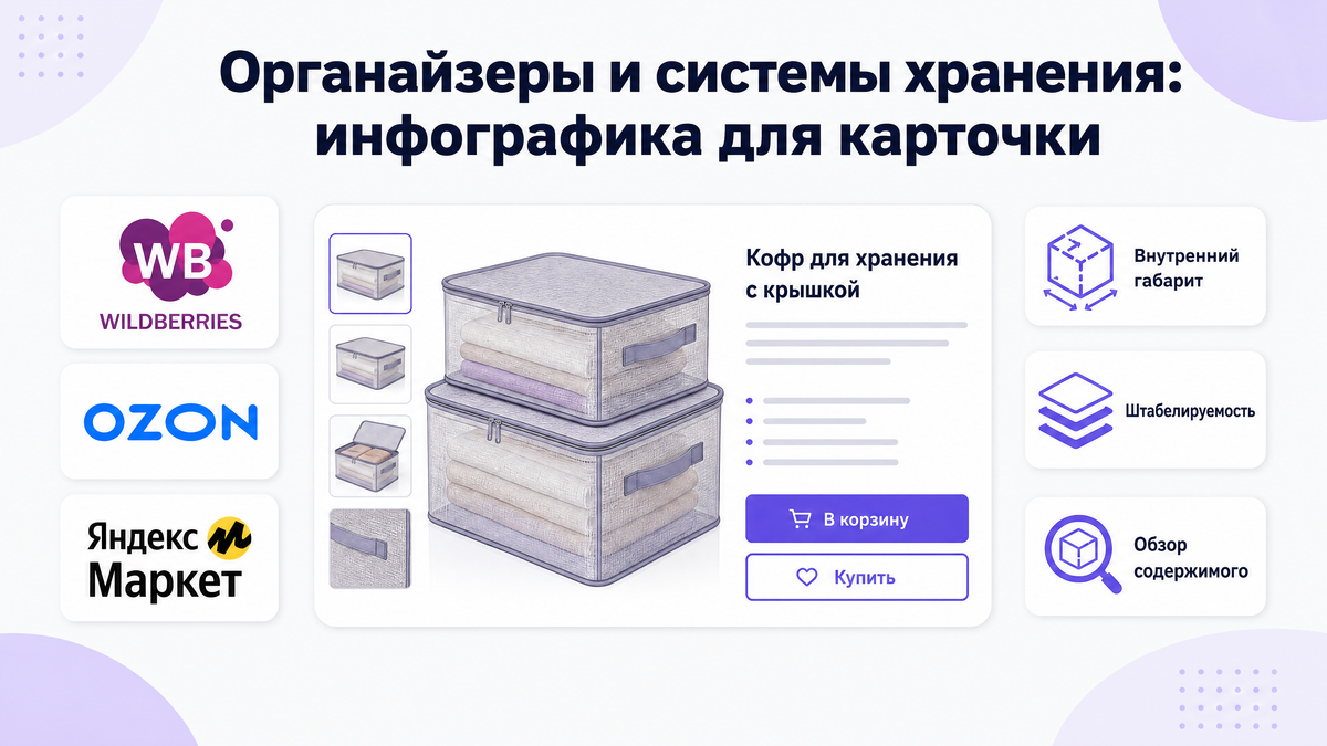 Обложка статьи об органайзерах и системах хранения: логотипы Wildberries, OZON, Яндекс Маркет, карточка кофра, подписи «Внутренний габарит», «Штабелируемость», «Обзор содержимого».