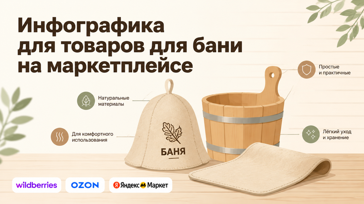 Инфографика для товаров для бани на маркетплейсе на фоне логотипов Wildberries, OZON и Яндекс Маркет