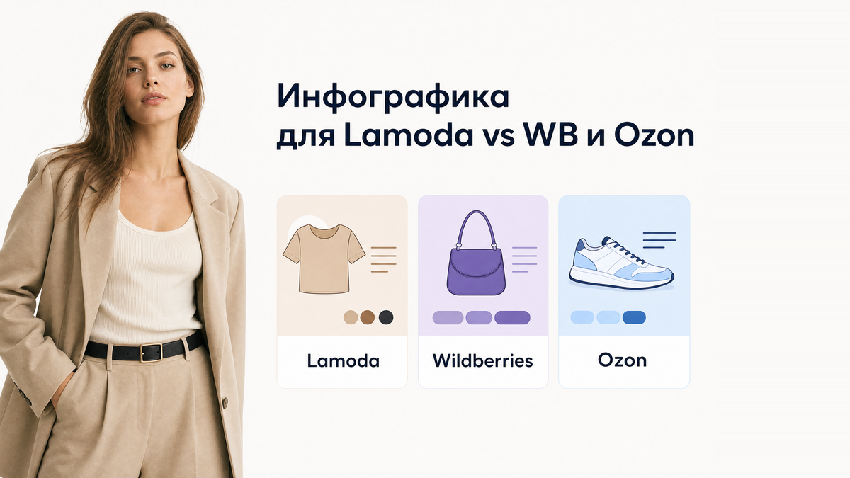 Фото модели в одежде и три карточки маркетплейсов с названиями Lamoda, Wildberries и Ozon