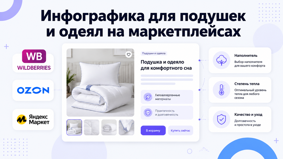 Инфографика для одеяла на маркетплейсе и для подушки: наполнитель, степень тепла, размер