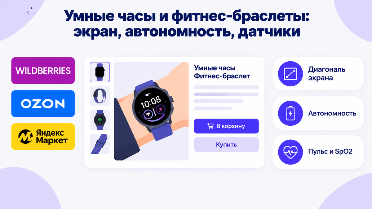Обложка статьи «Умные часы и фитнес-браслеты: экран, автономность, датчики»: мокап карточки с умными часами, логотипы Wildberries, OZON, Яндекс Маркет, три карточки-выноски с параметрами